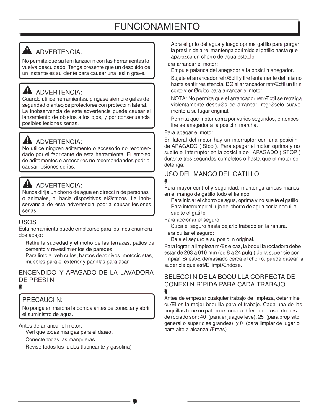 Homelite HLCA80710 Funcionamiento, Usos, Encendido Y Apagado DE LA Lavadora DE Presión, Uso del mango del gatillo 