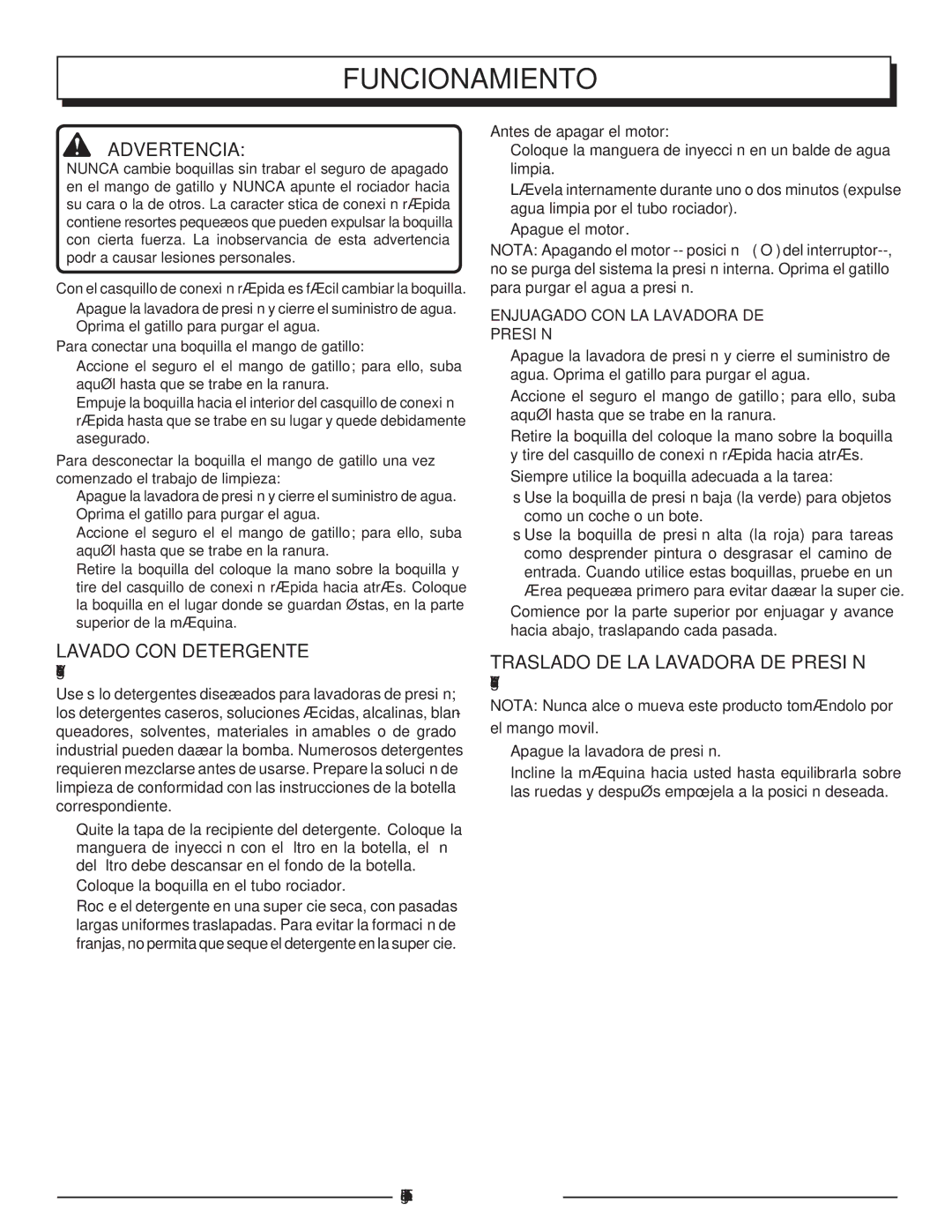 Homelite HLCA80710 manuel dutilisation Lavado con detergente, Traslado DE LA Lavadora DE Presión, Antes de apagar el motor 