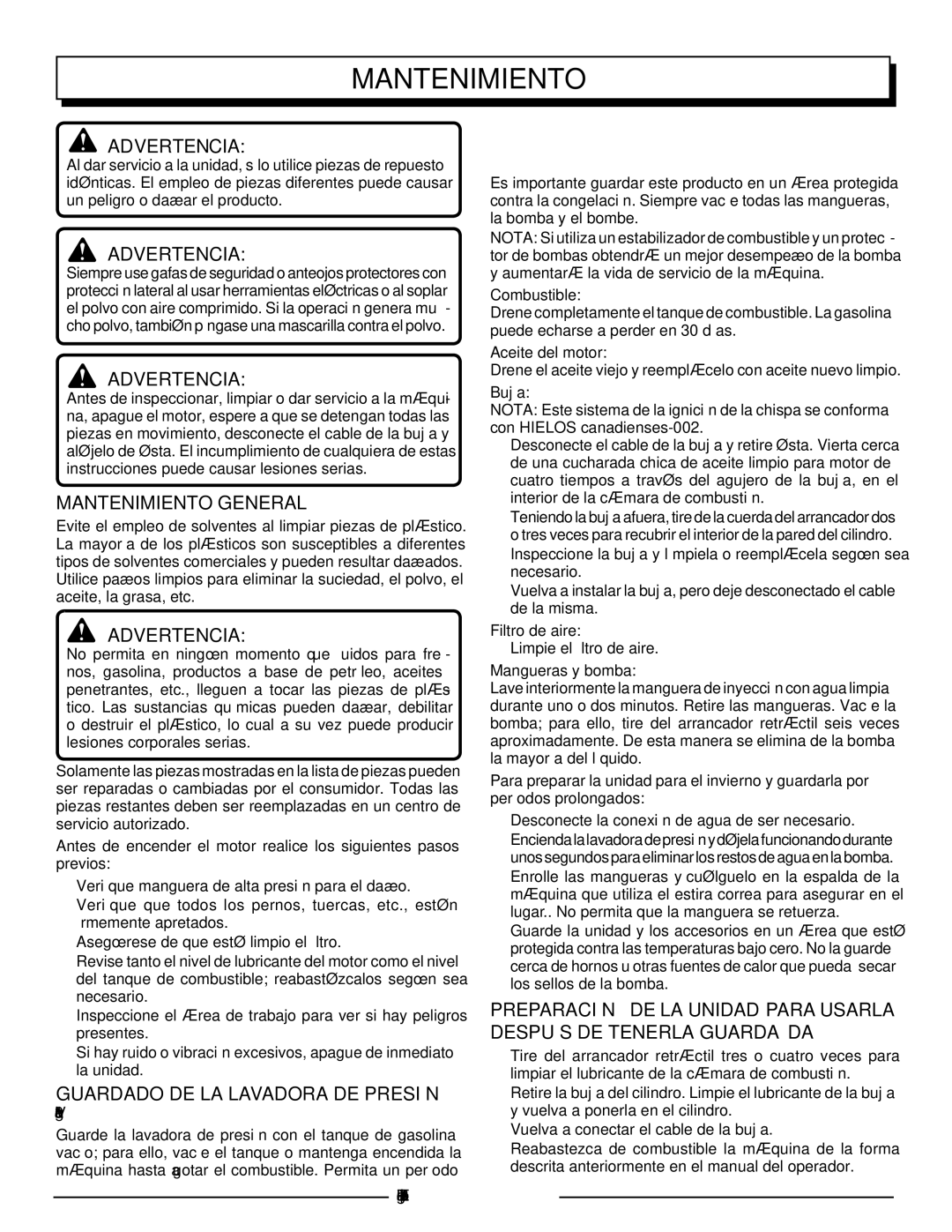 Homelite HLCA80710 manuel dutilisation Mantenimiento General, Guardado DE LA Lavadora DE Presión 