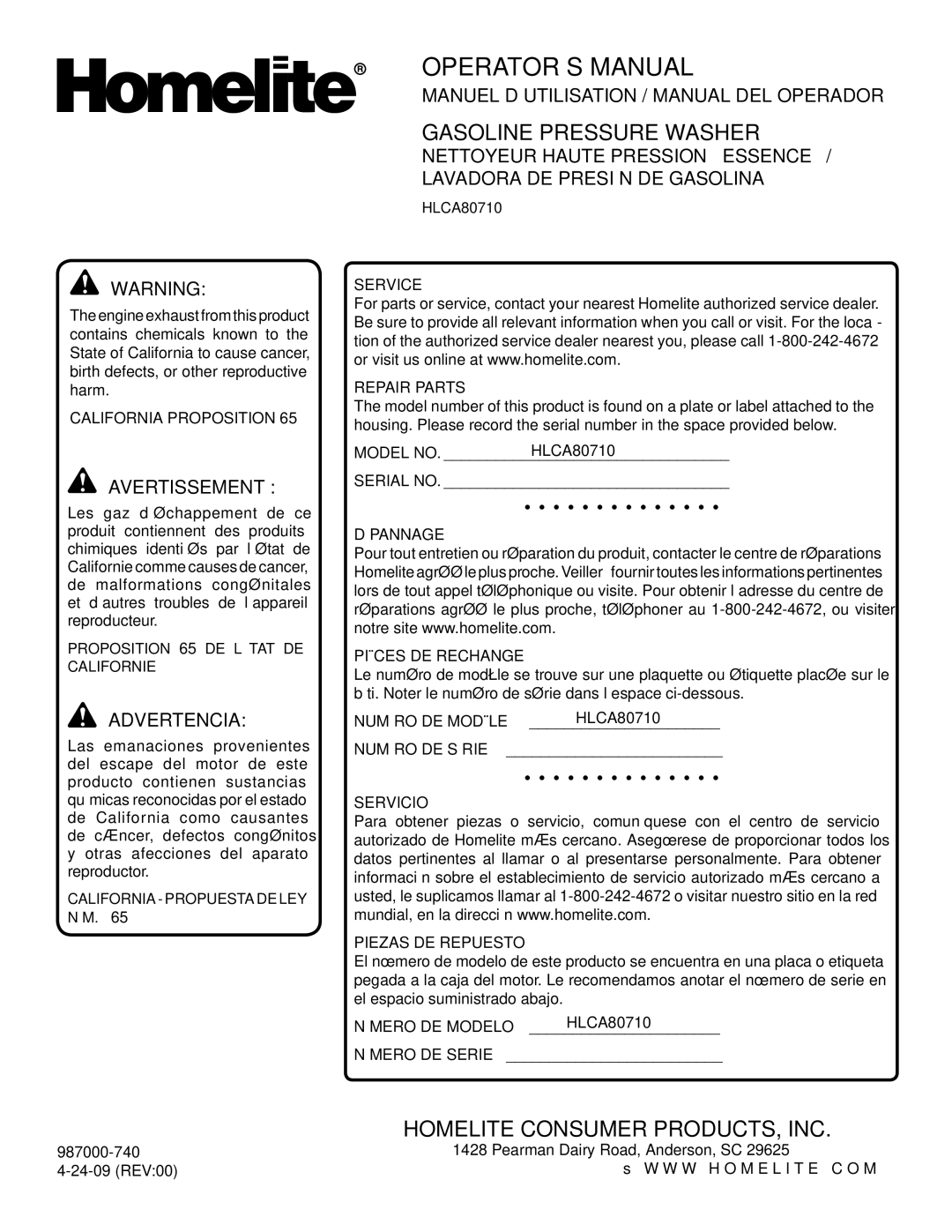 Homelite HLCA80710 manuel dutilisation Manuel D’UTILISATION / Manual DEL Operador 