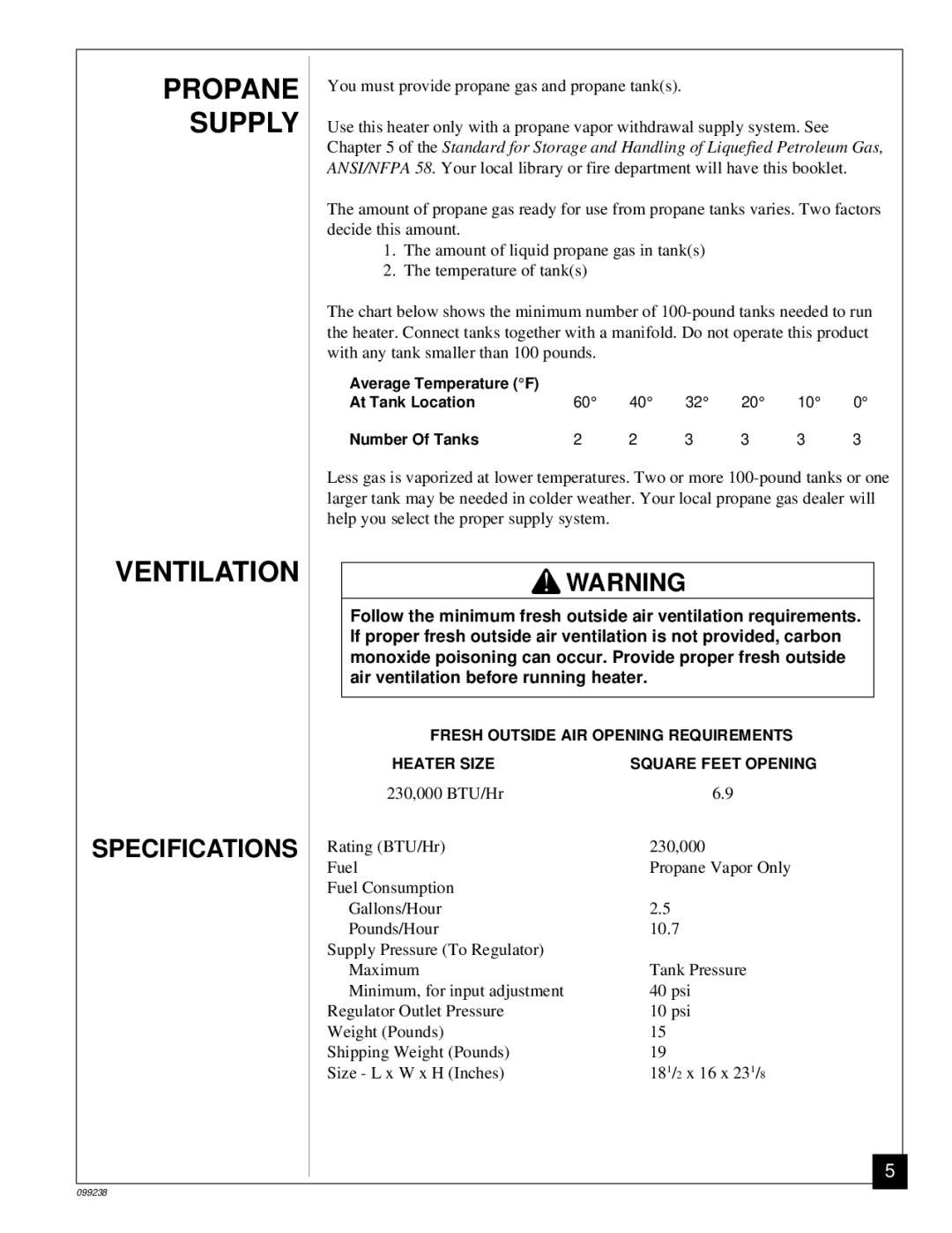 Homelite HP275 owner manual Propane Supply Ventilation, Specifications 