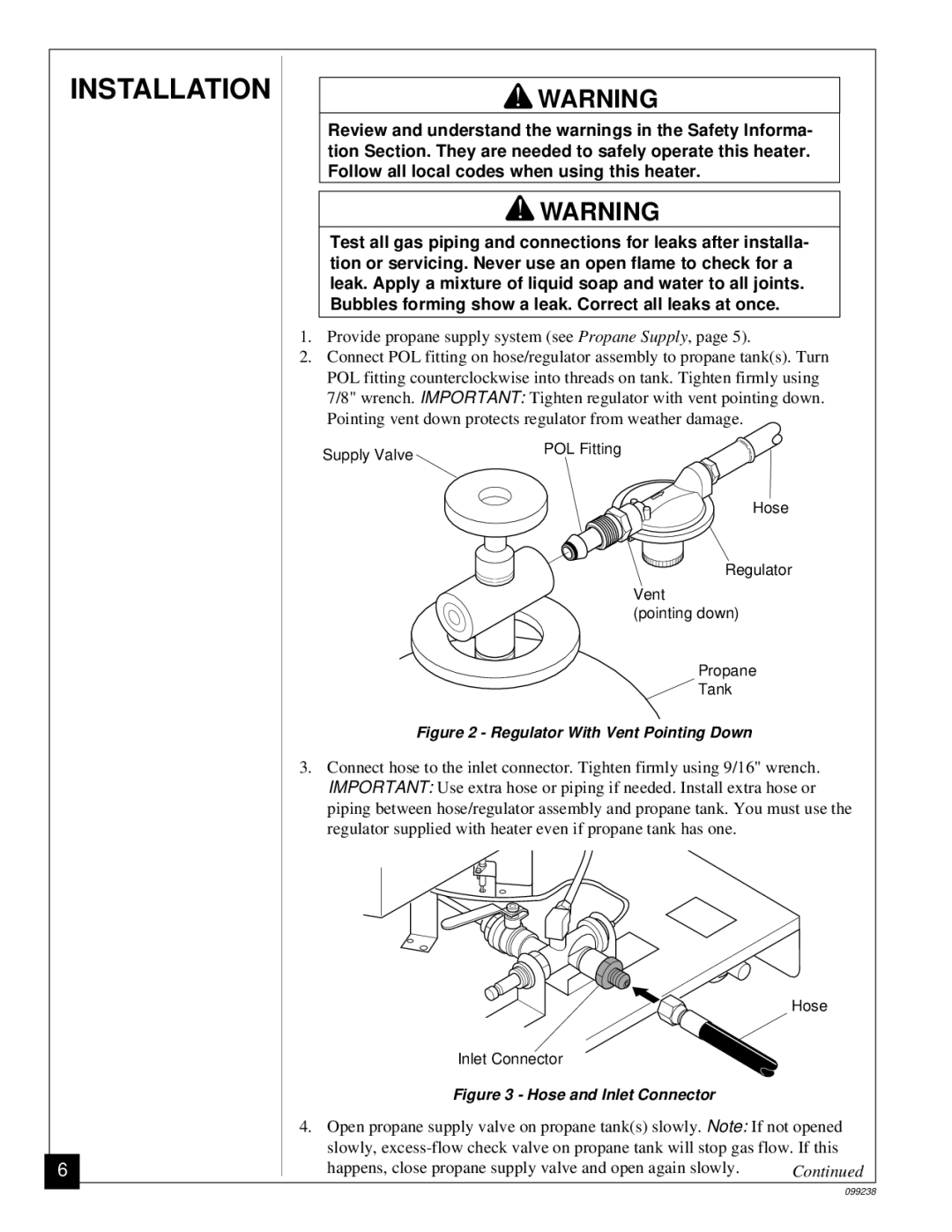 Homelite HP275 owner manual Installation, Regulator With Vent Pointing Down 