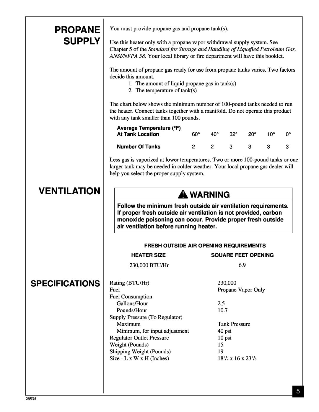 Homelite HP275 owner manual Propane Supply Ventilation, Specifications 