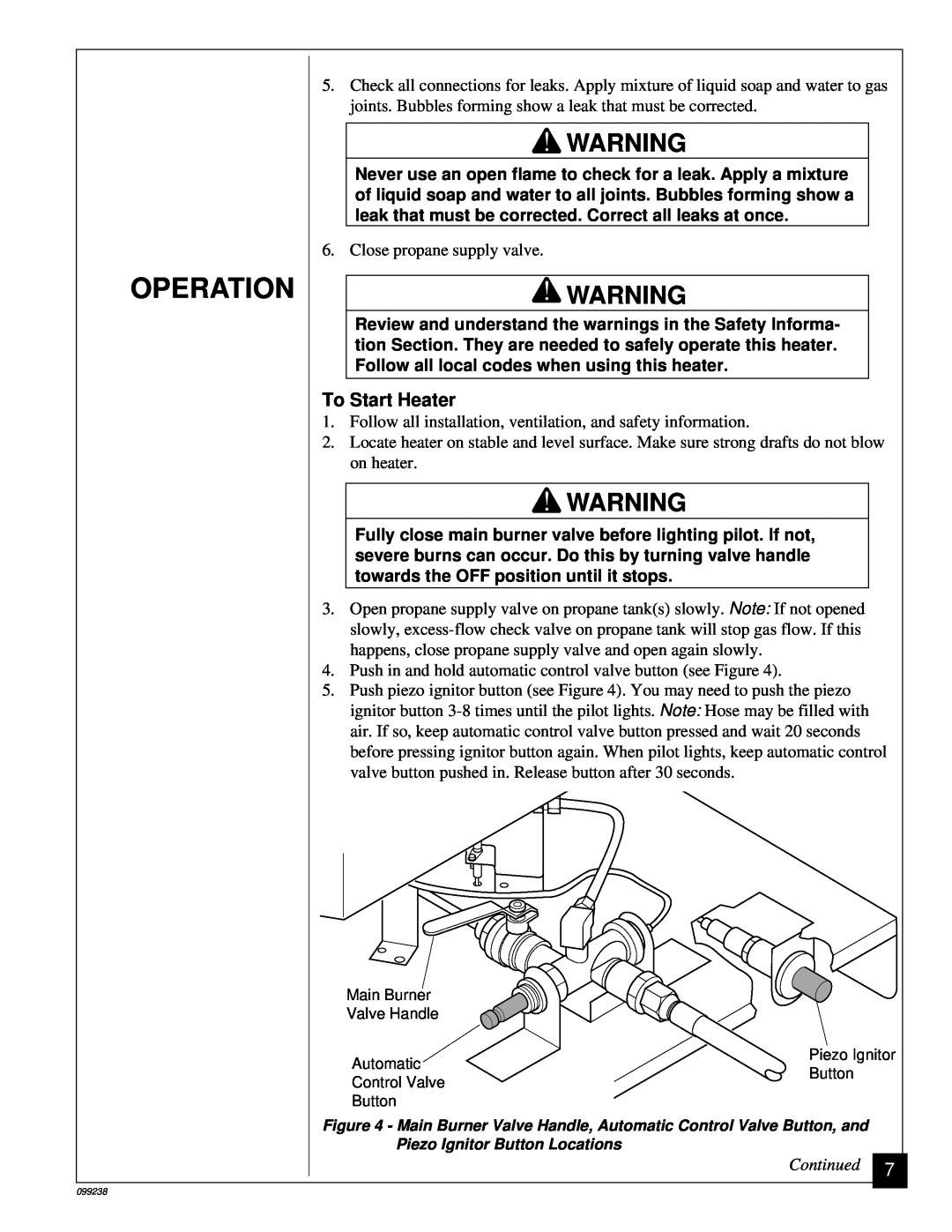 Homelite HP275 owner manual To Start Heater, Operation, Continued 