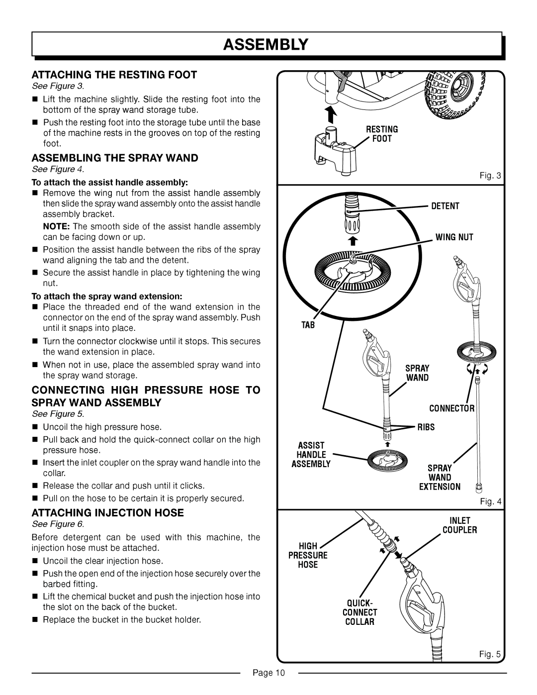 Homelite HP3127S manual Attaching the Resting Foot, Assembling the Spray Wand, Attaching Injection Hose 