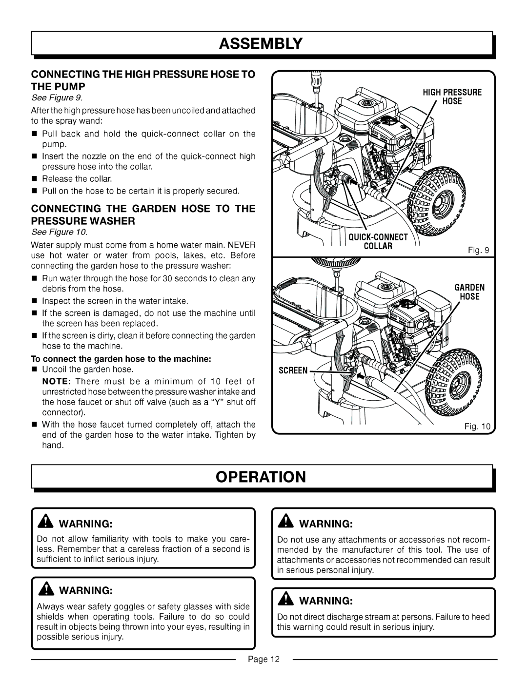 Homelite HP3127S manual Connecting the High Pressure Hose to Pump, To connect the garden hose to the machine, Screen 