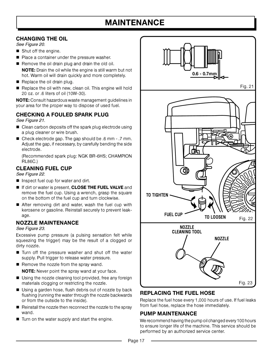 Homelite HP3127S Changing the OIL, Checking a Fouled Spark Plug, Cleaning Fuel CUP, Nozzle Maintenance, Pump Maintenance 