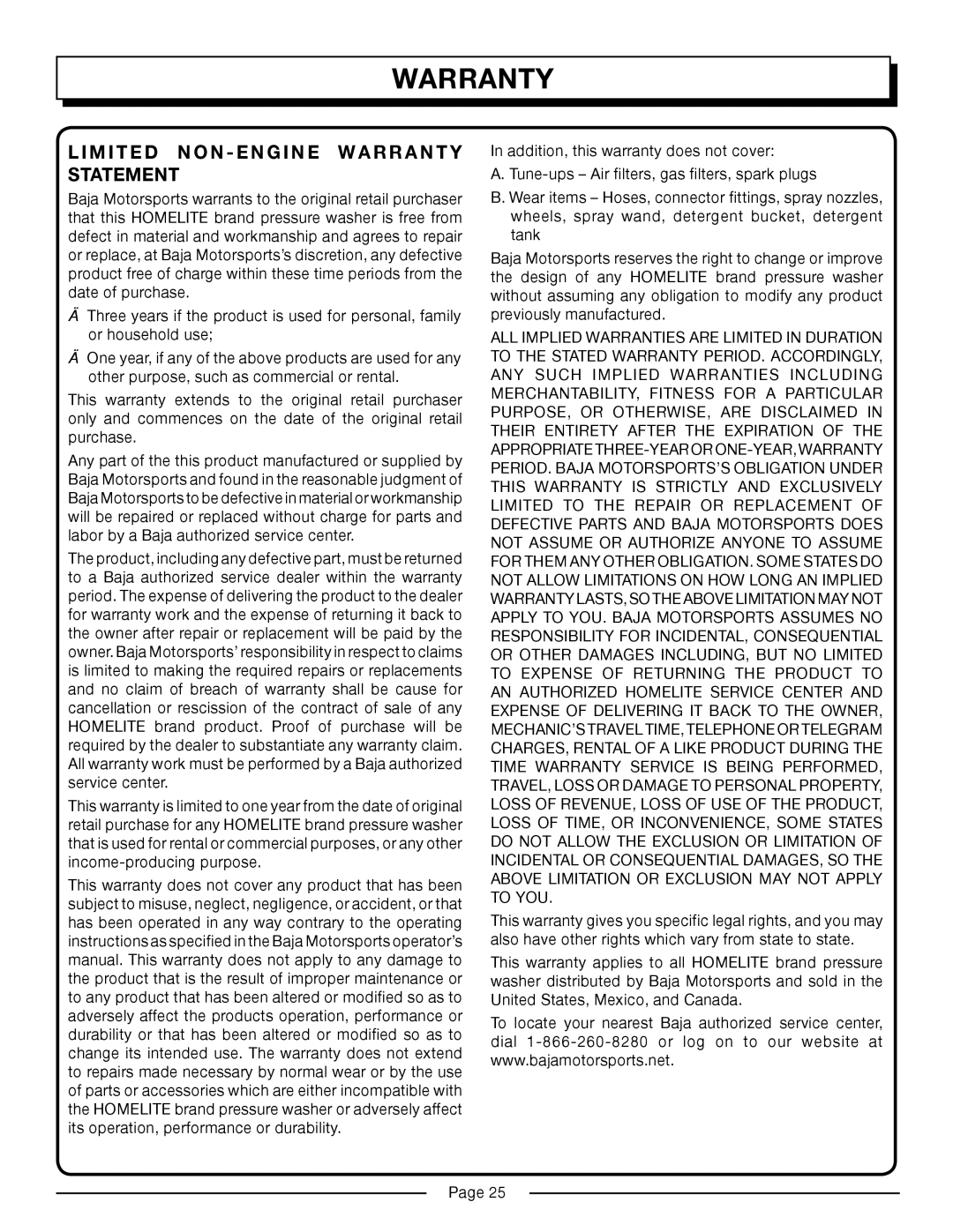 Homelite HP3127S manual Limited NON Engine Warranty Statement 