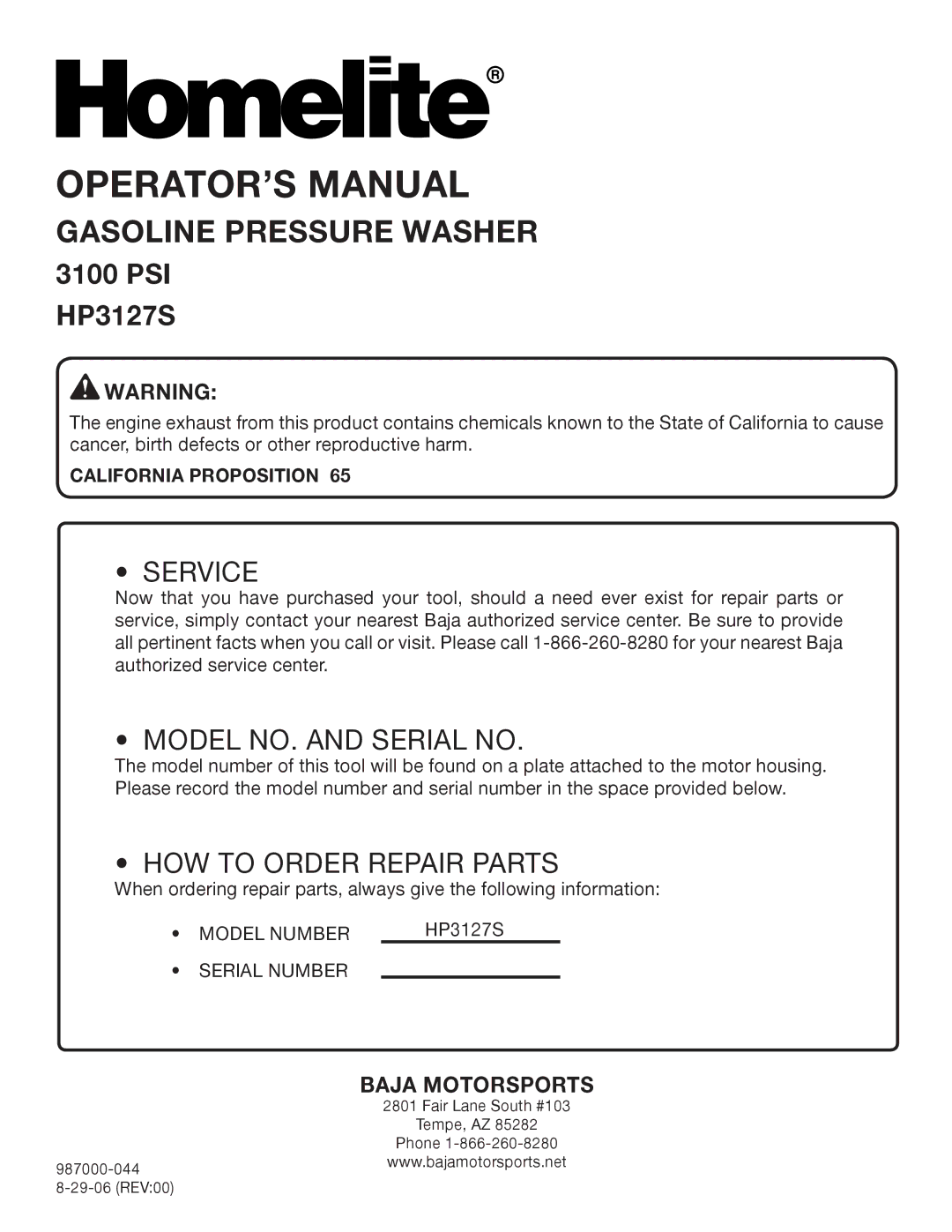 Homelite HP3127S manual Service, California Proposition 