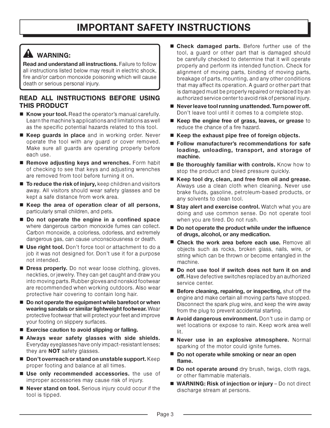 Homelite HP3127S manual Important Safety Instructions, Read ALL Instructions Before Using this Product 