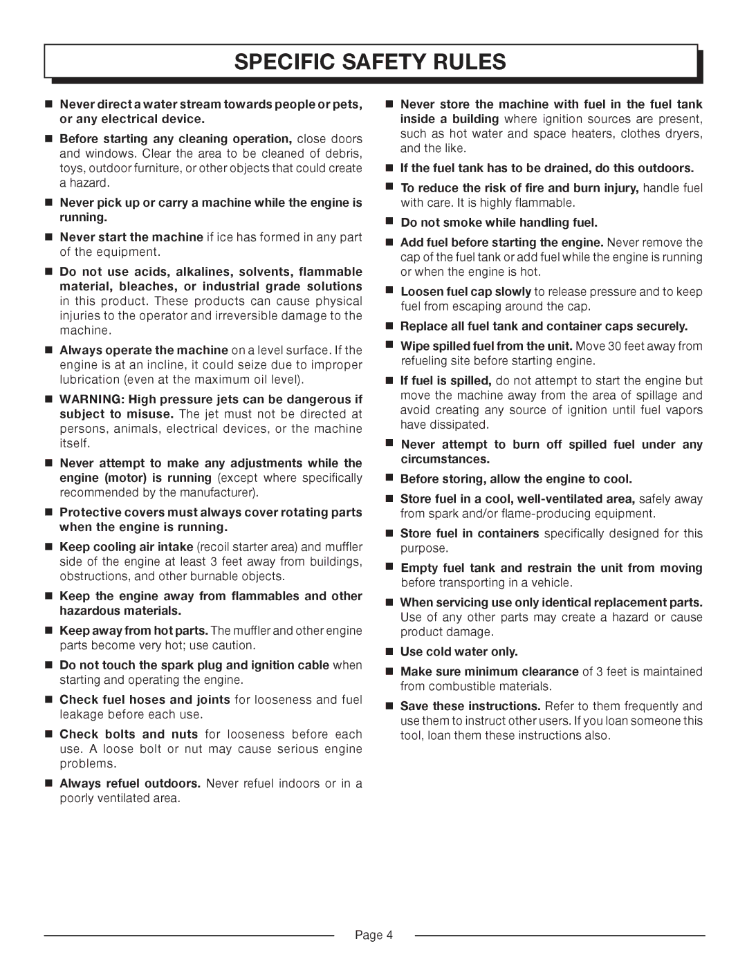 Homelite HP3127S manual Specific Safety Rules 