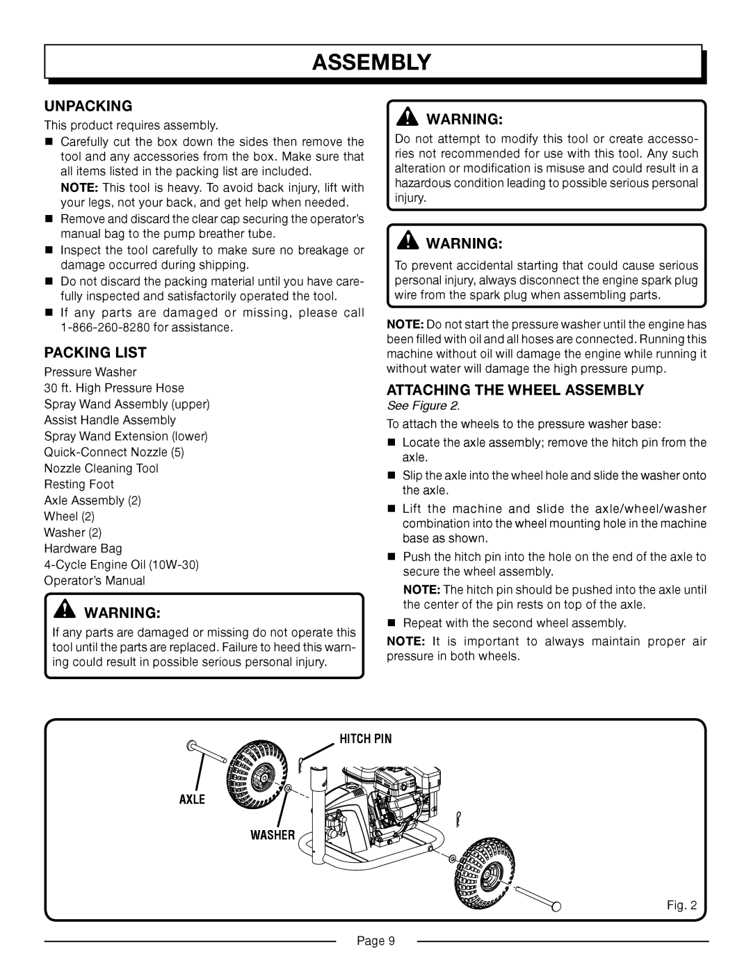 Homelite HP3127S manual Unpacking, Packing List, Attaching the Wheel Assembly, Hitch PIN Axle Washer 