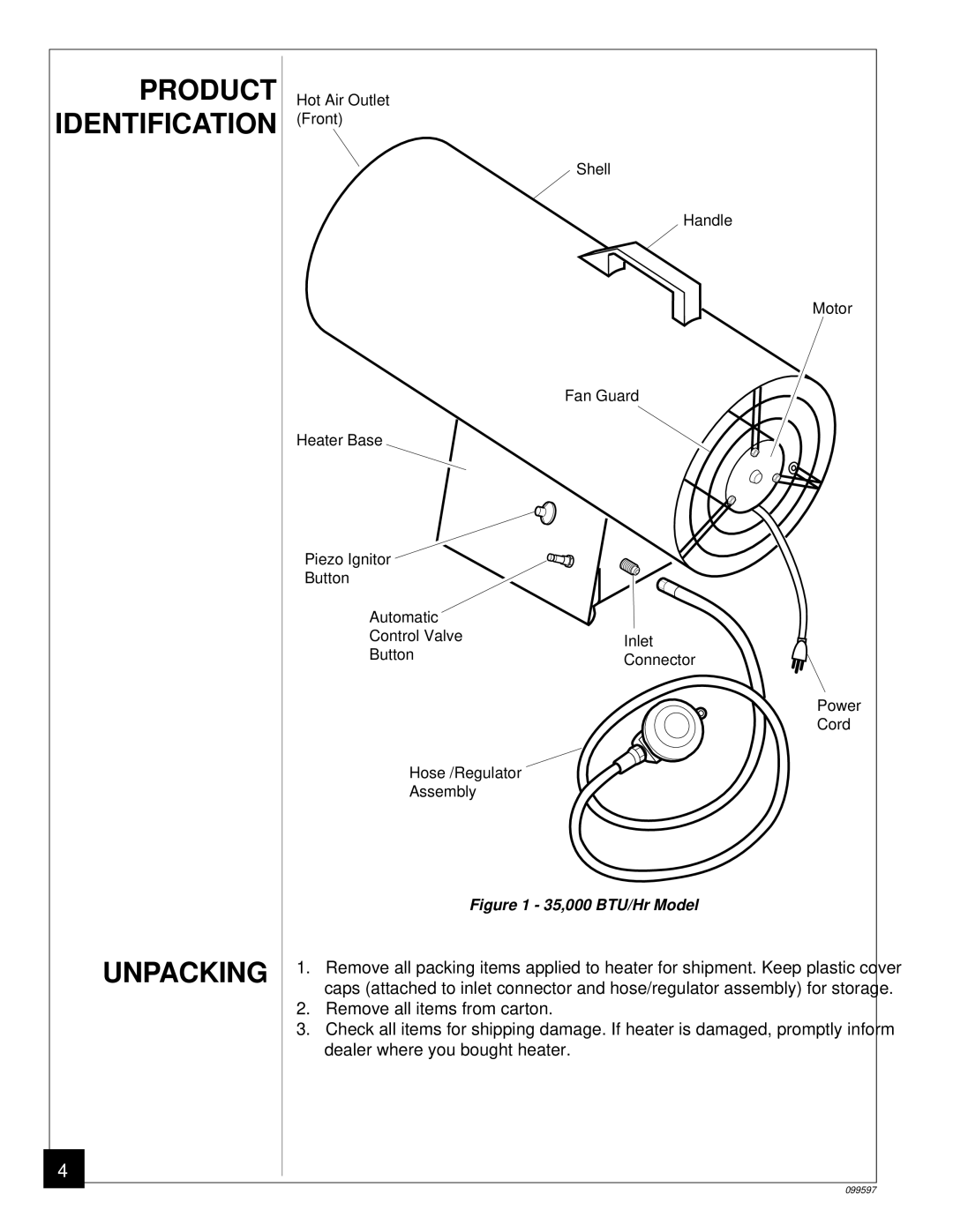 Homelite HP35 owner manual Unpacking, 35,000 BTU/Hr Model 