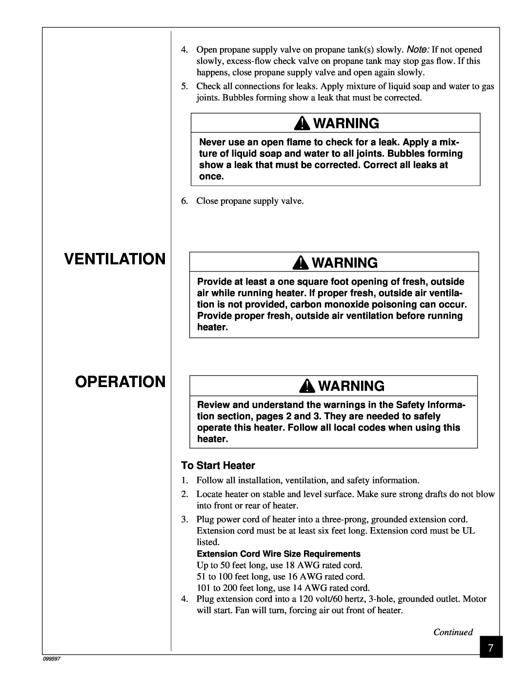 Homelite HP35 owner manual Ventilation Operation, To Start Heater, Continued 