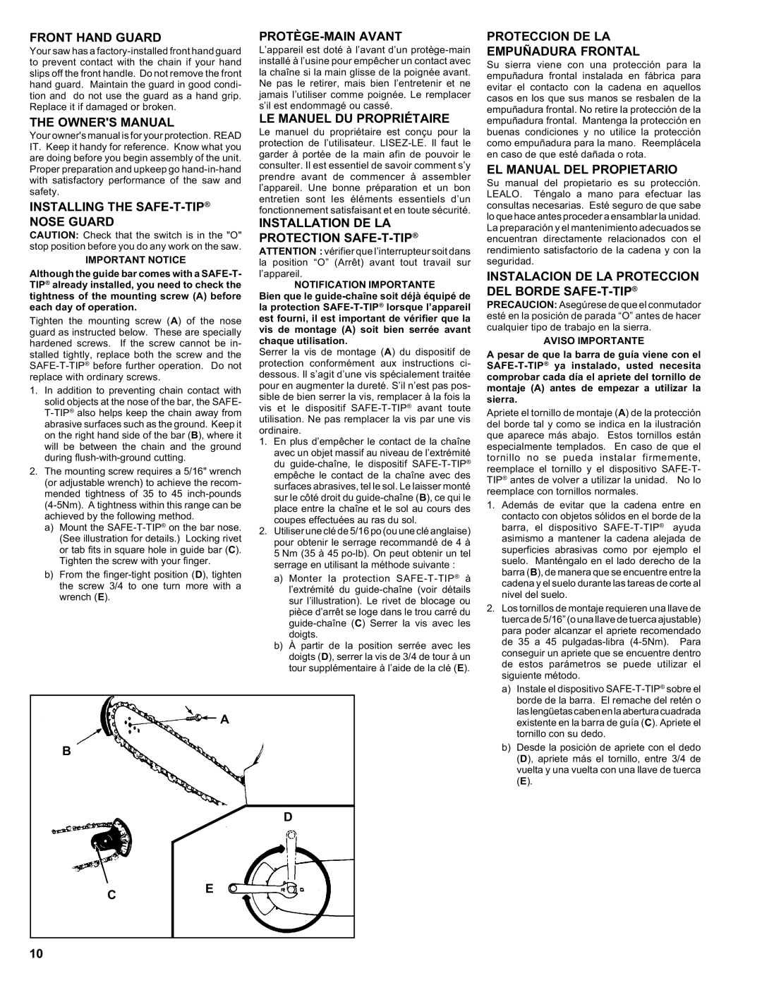 Homelite ut 10910 Front Hand Guard, Installing the SAFE-T-TIPNOSE Guard, PROTÈGE-MAIN Avant, LE Manuel DU Propriétaire 