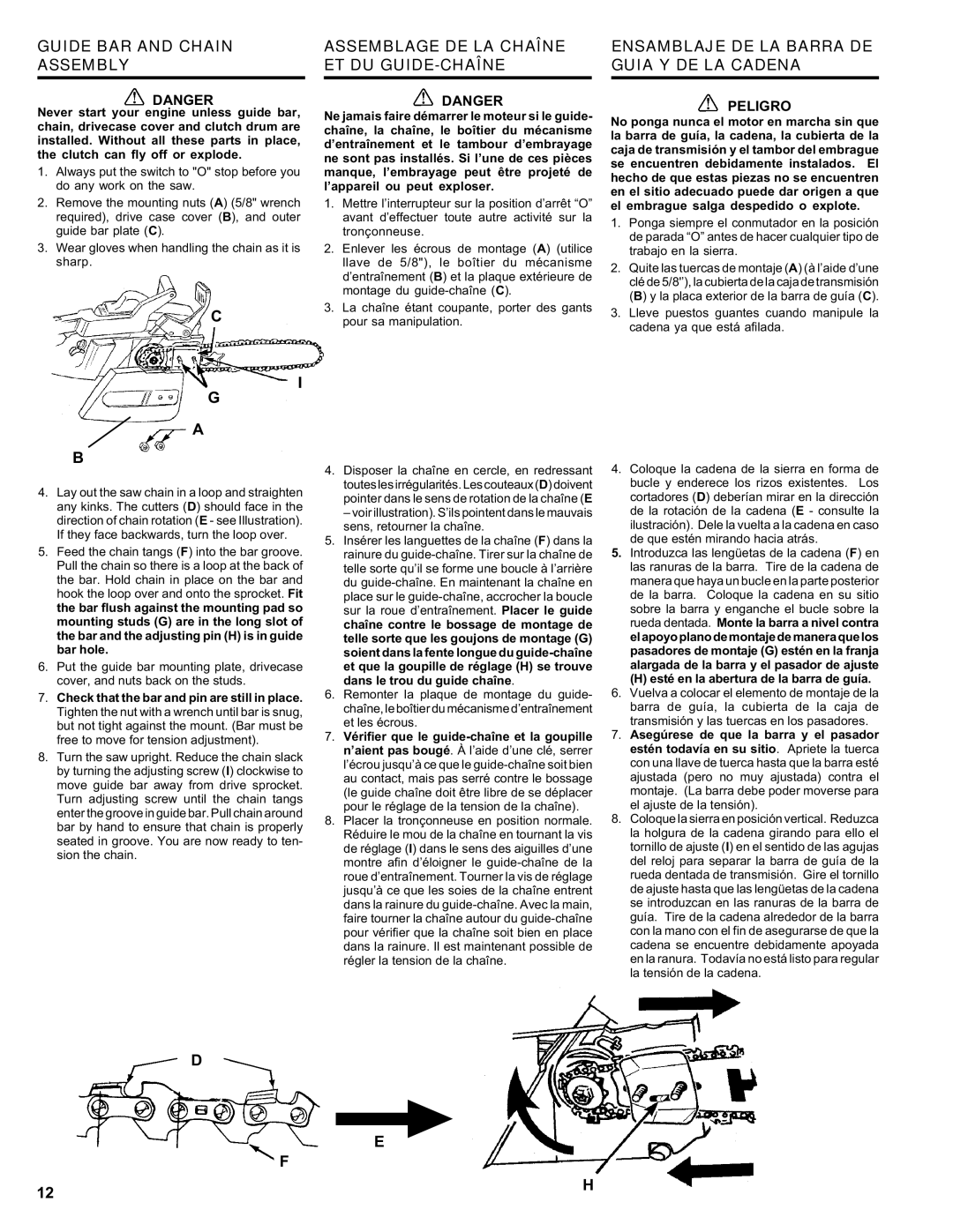 Homelite ut 10910 manual Guide BAR and Chain Assembly, Assemblage DE LA Chaîne ET DU GUIDE-CHAÎNE, Peligro 