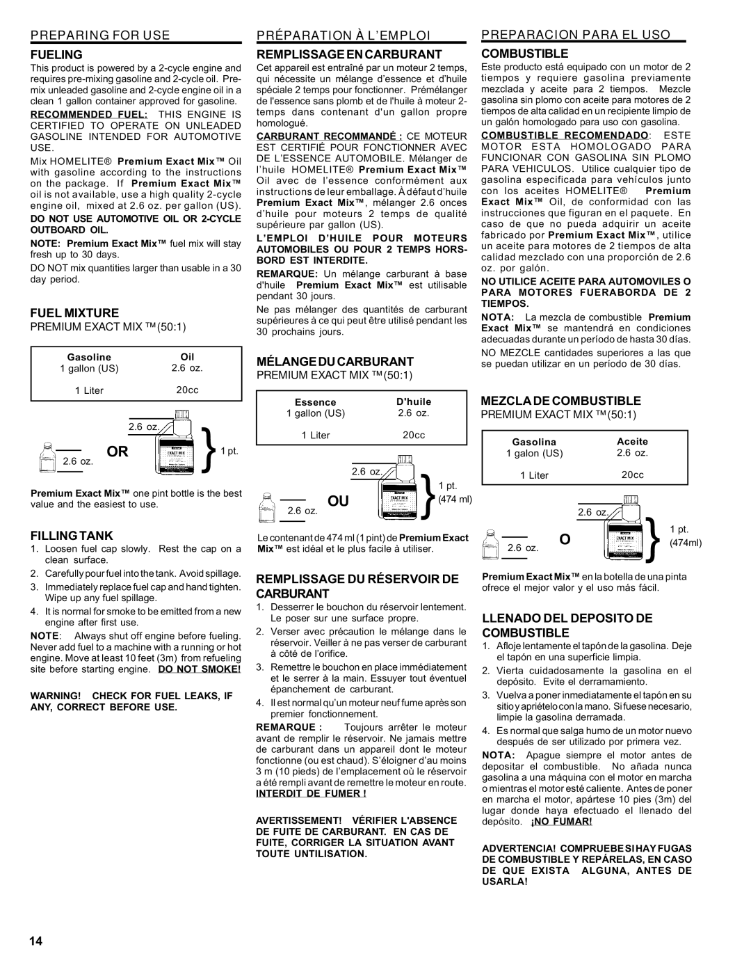 Homelite ut 10910 manual Preparing for USE, Préparation À L’EMPLOI, Preparacion Para EL USO 