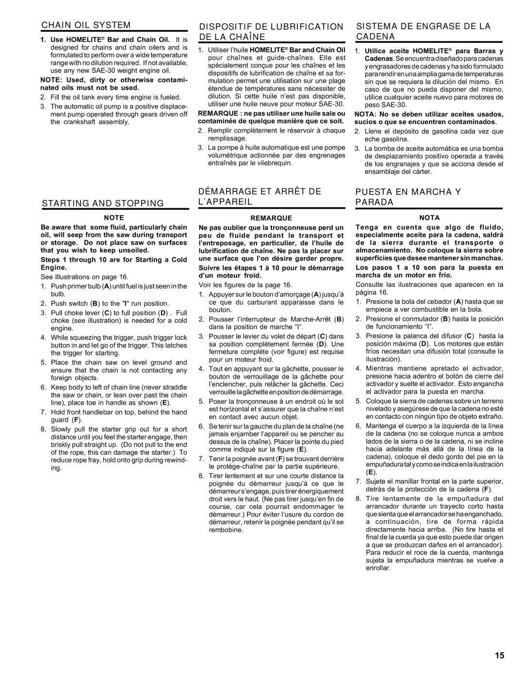 Homelite ut 10910 manual Chain OIL System, Dispositif DE Lubrification DE LA Chaîne, Sistema DE Engrase DE LA Cadena 