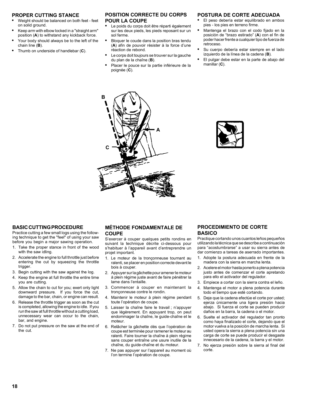 Homelite ut 10910 manual Proper Cutting Stance, Position Correcte DU Corps Pour LA Coupe, Postura DE Corte Adecuada 