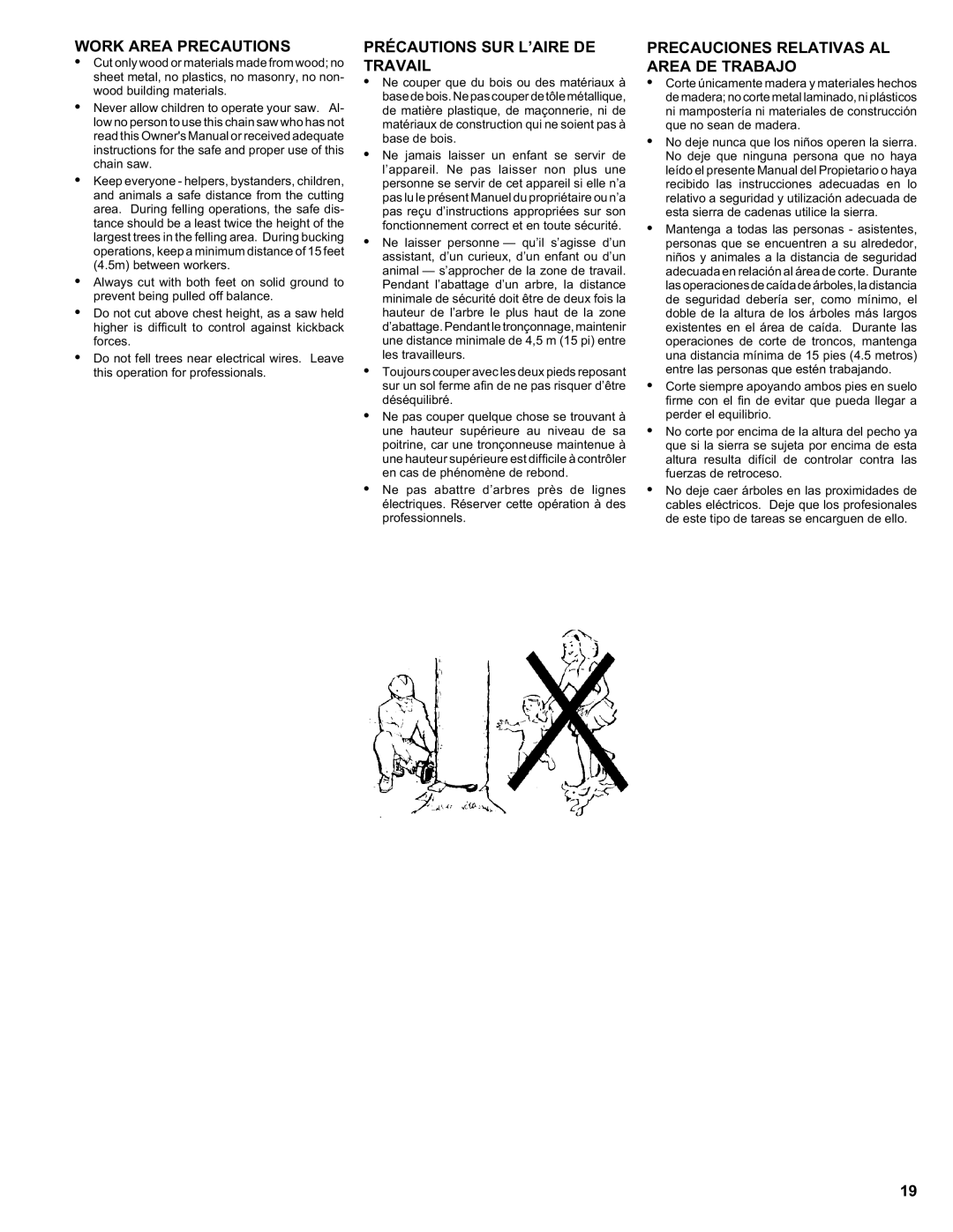 Homelite ut 10910 Work Area Precautions, Précautions SUR L’AIRE DE Travail, Precauciones Relativas AL Area DE Trabajo 