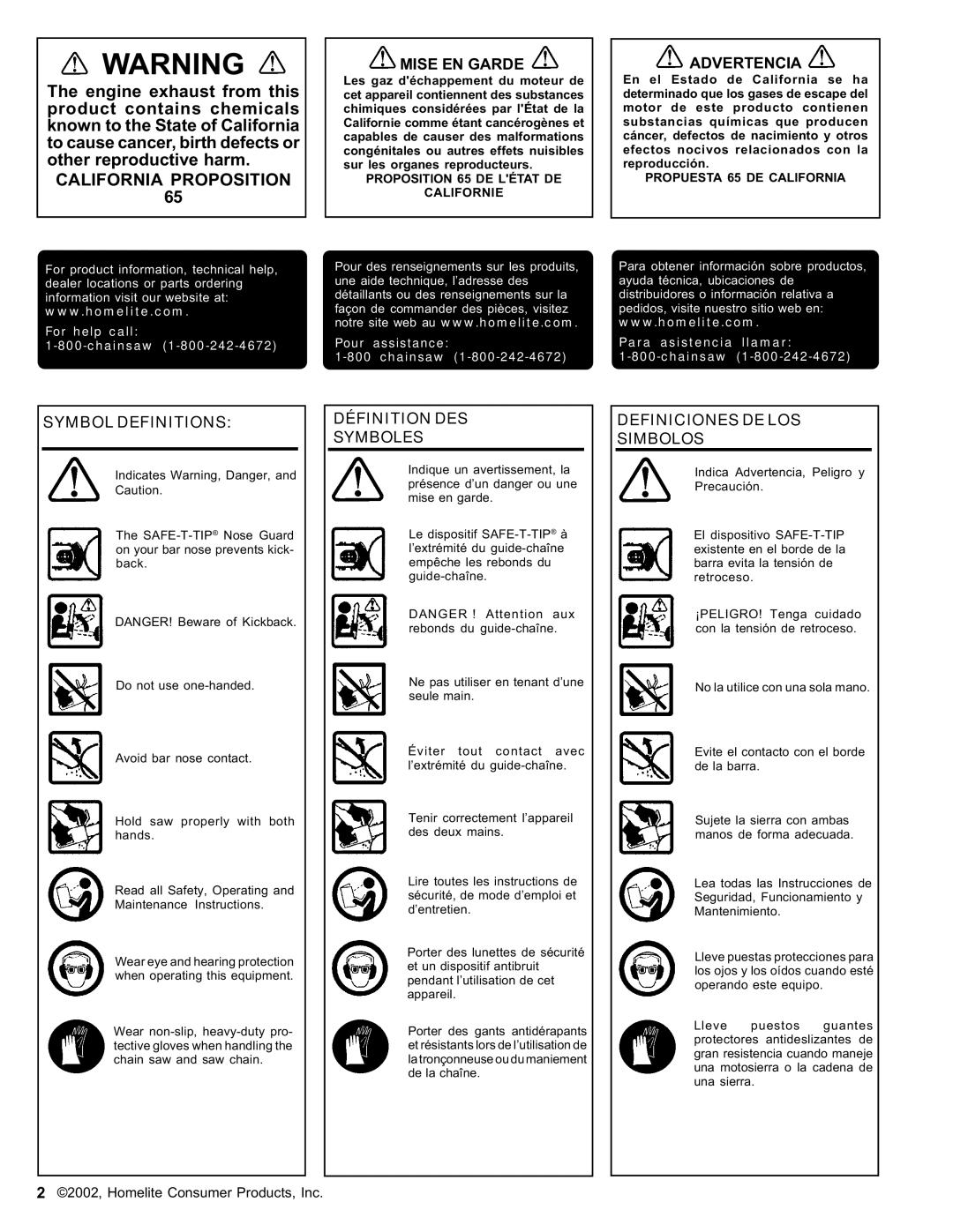 Homelite ut 10910 Mise EN Garde, Advertencia, Symbol Definitions, Définition DES Symboles, Definiciones DE LOS Simbolos 