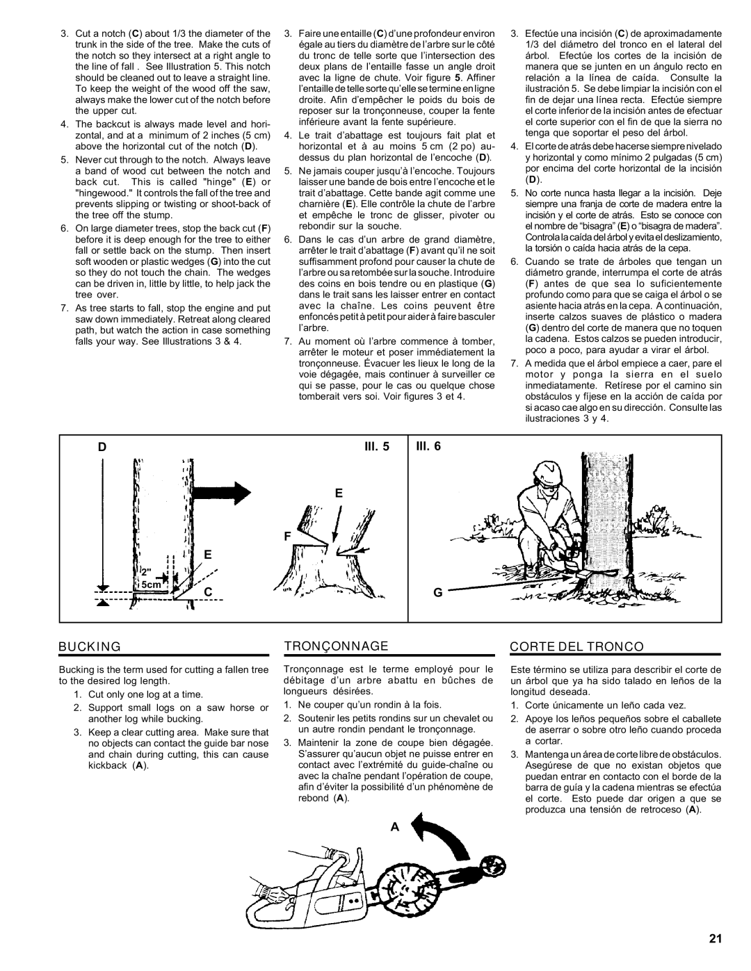 Homelite ut 10910 manual Bucking, Tronçonnage, Corte DEL Tronco, 5cm 