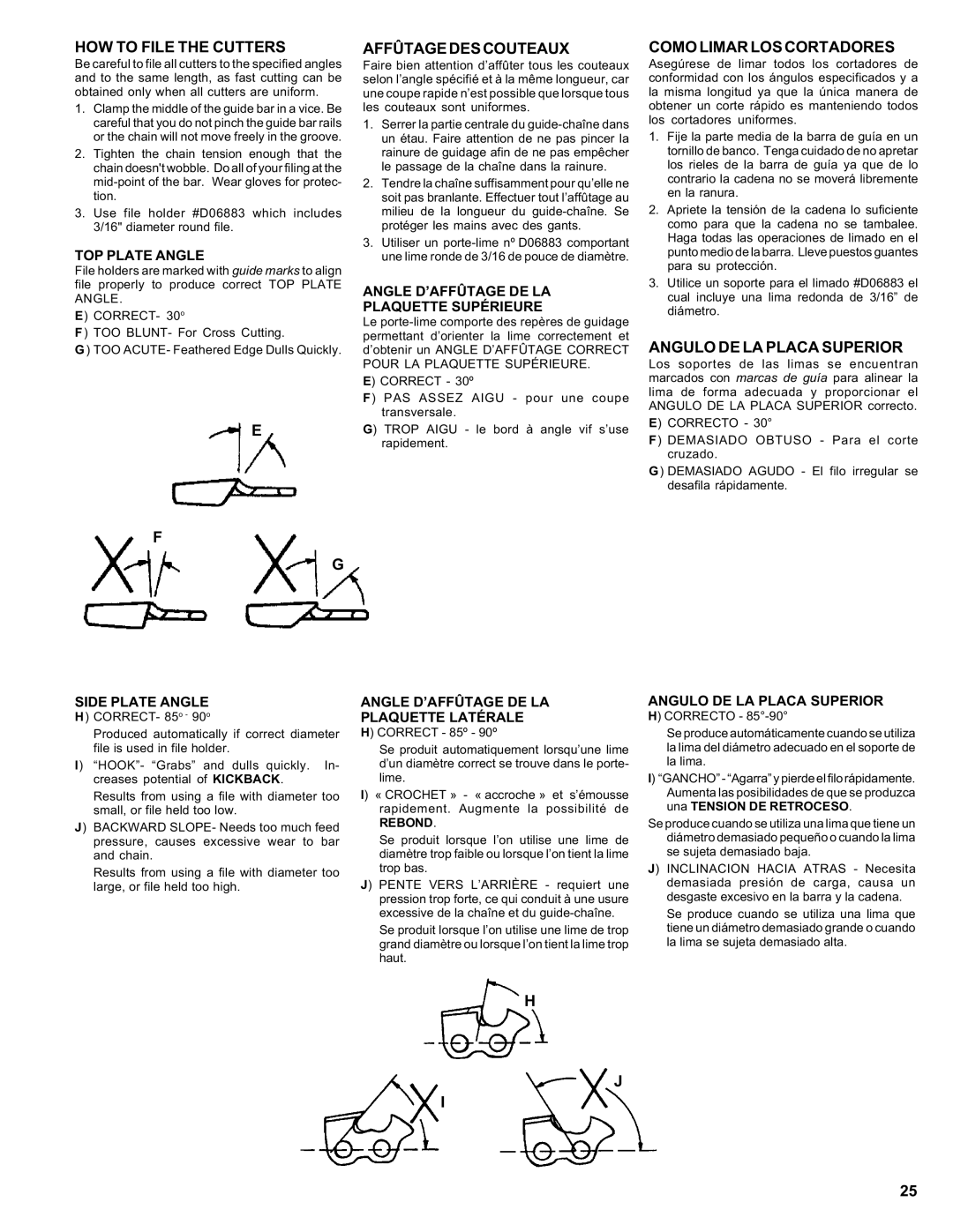 Homelite ut 10910 manual HOW to File the Cutters, Affûtagedescouteaux, Comolimarloscortadores, Angulo DE LA Placa Superior 