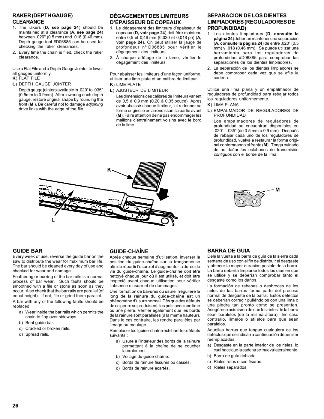 Homelite ut 10910 Rakerdepthgauge Clearance, Dégagement DES Limiteurs D’ÉPAISSEUR DE Copeaux, Guide BAR, Guide-Chaîne 