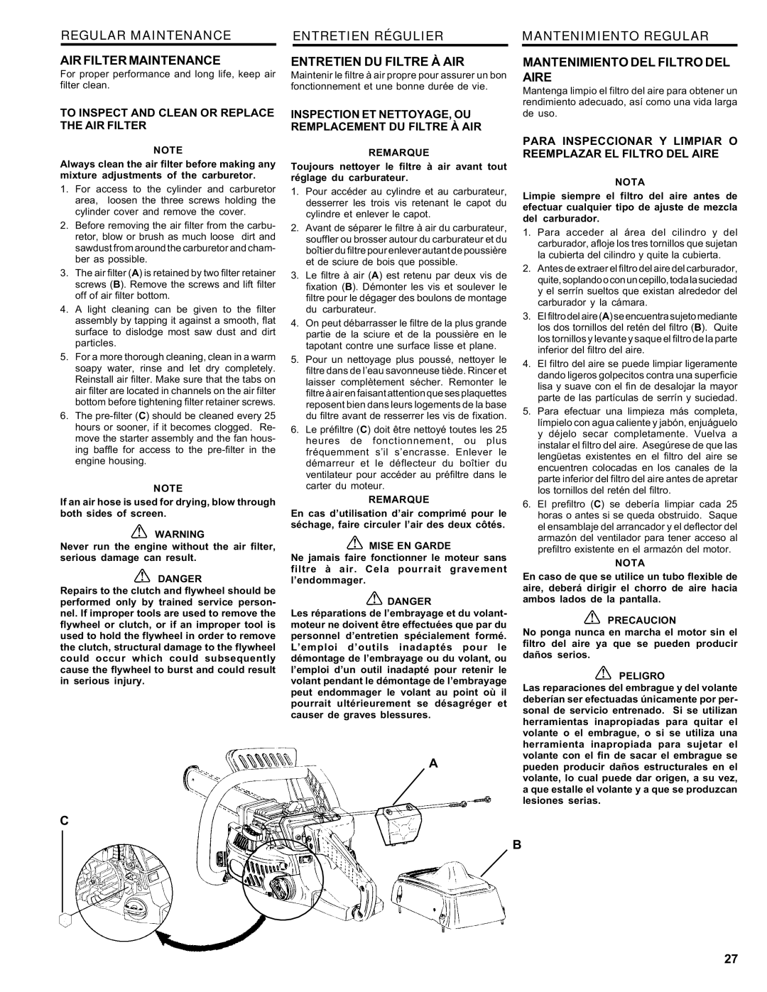 Homelite ut 10910 manual Airfiltermaintenance, Entretien DU Filtre À AIR, Mantenimiento DEL Filtro DEL Aire 