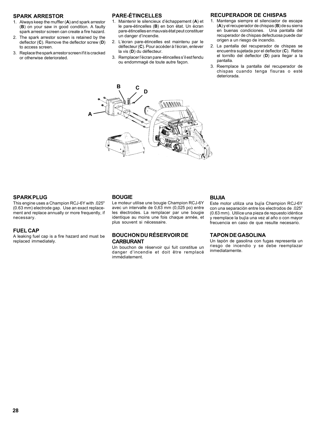 Homelite ut 10910 manual Spark Arrestor, Pare-Étincelles, Recuperador DE Chispas, Sparkplug, Fuel CAP Bougie, Bujia 