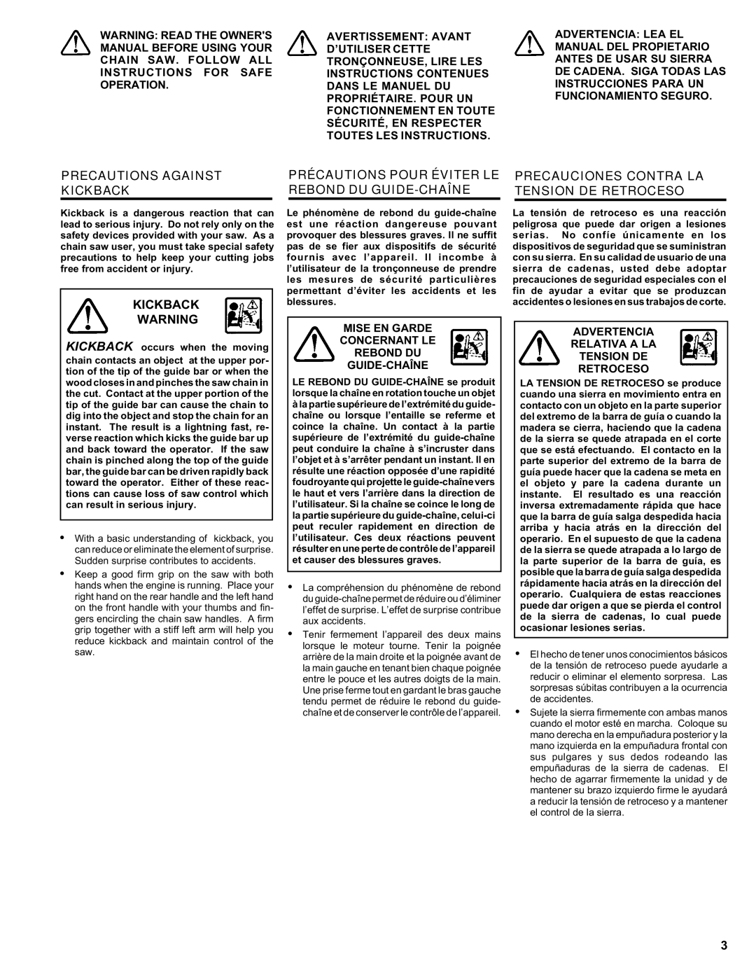 Homelite ut 10910 manual Kickback, Mise EN Garde Concernant LE Rebond DU GUIDE-CHAÎNE 