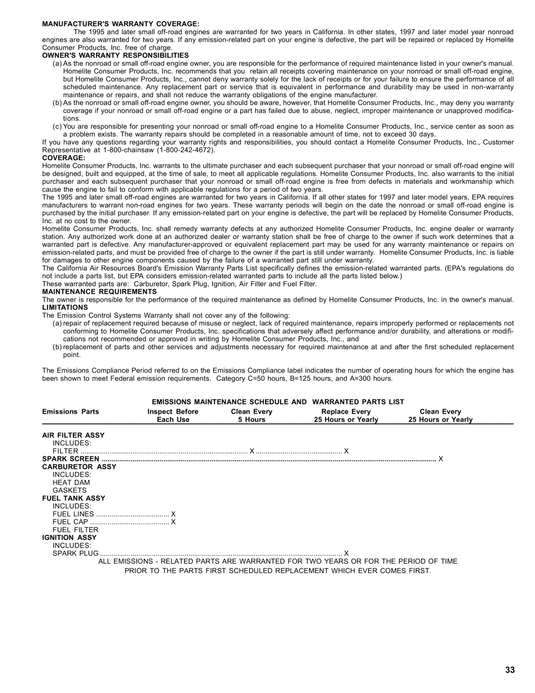 Homelite ut 10910 Manufacturers Warranty Coverage, Owners Warranty Responsibilities, Maintenance Requirements Limitations 