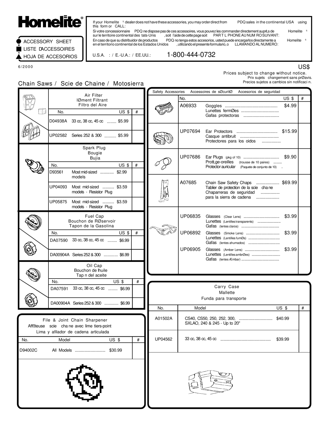 Homelite ut 10910 Us $ #, D93561, $2.99, Ear Plugs pkg, Protège-oreilles, Model US $ UP04562, Glasses Clear Lens, $30.99 