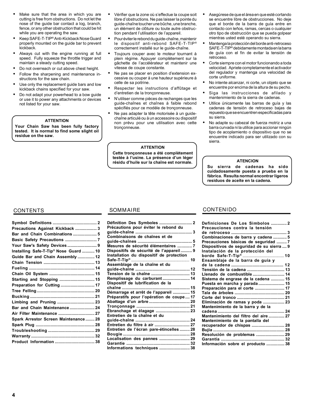 Homelite ut 10910 manual Contents Sommaire Contenido 