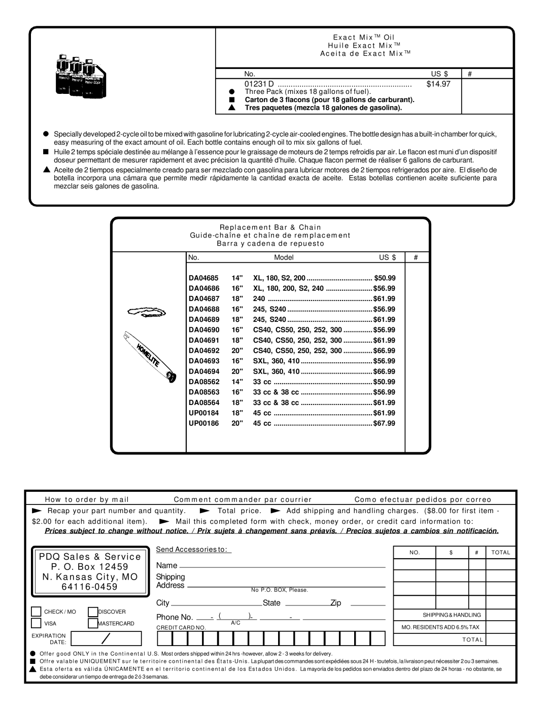 Homelite ut 10910 manual Three Pack mixes 18 gallons of fuel, Send Accessories to 