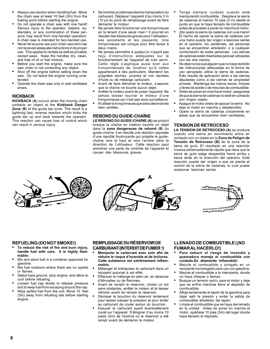 Homelite ut 10910 manual Rebondduguide-Chaîne, Tension DE Retroceso, Refueling do not Smoke 