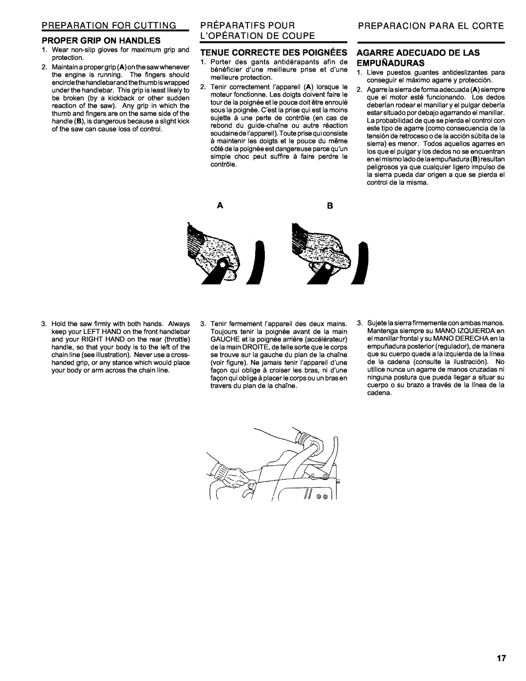 Homelite ut 10910 manual Preparation For Cutting, Proper Grip On Handles, Préparatifs Pour, Preparacion Para El Corte 
