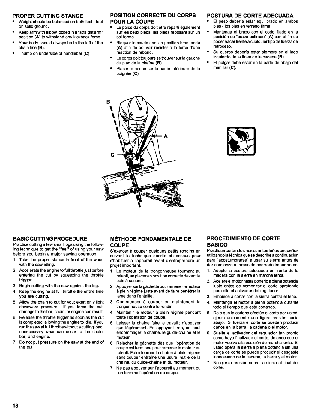Homelite ut 10910 manual Proper Cutting Stance, Position Correcte Du Corps Pour La Coupe, B A C, Postura De Corte Adecuada 