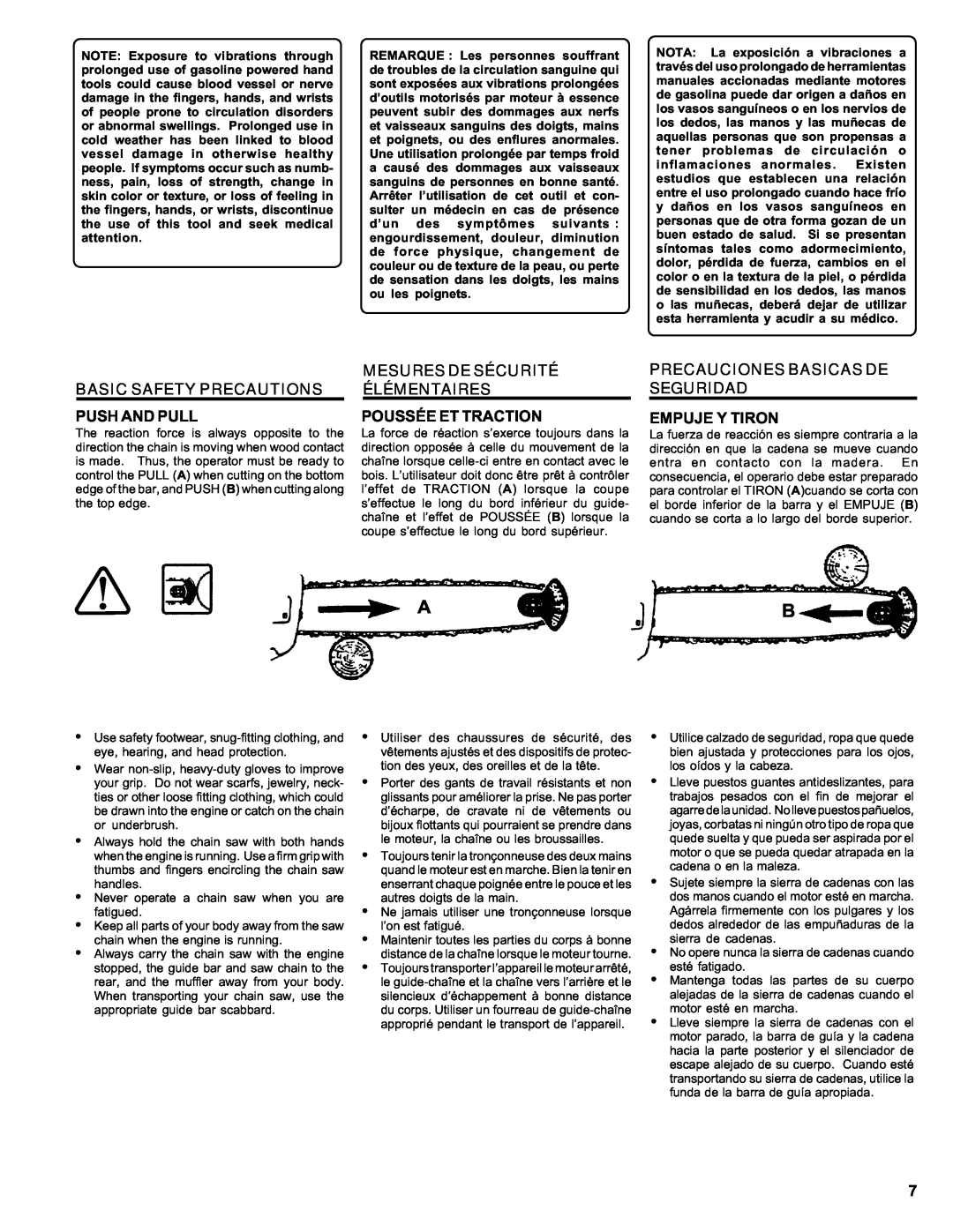 Homelite ut 10910 manual Basic Safety Precautions, Push And Pull, Mesures De Sécurité Élémentaires, Poussée Et Traction 