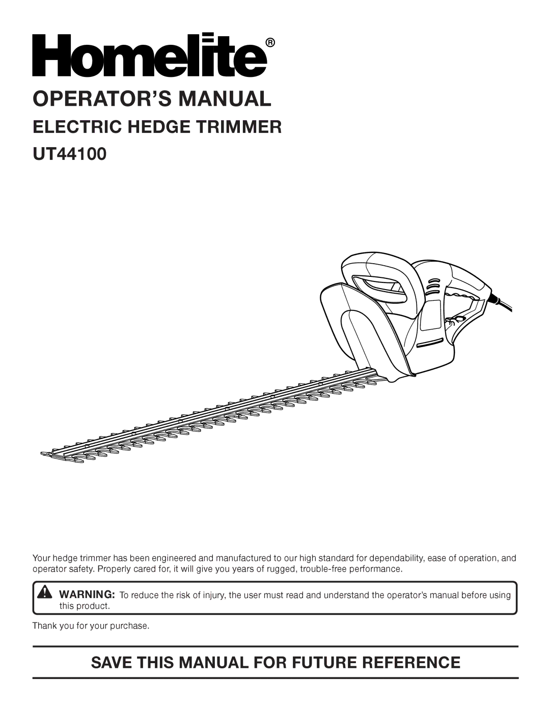 Homelite UT 44100 manual OPERATOR’S Manual, Save this Manual for Future Reference 