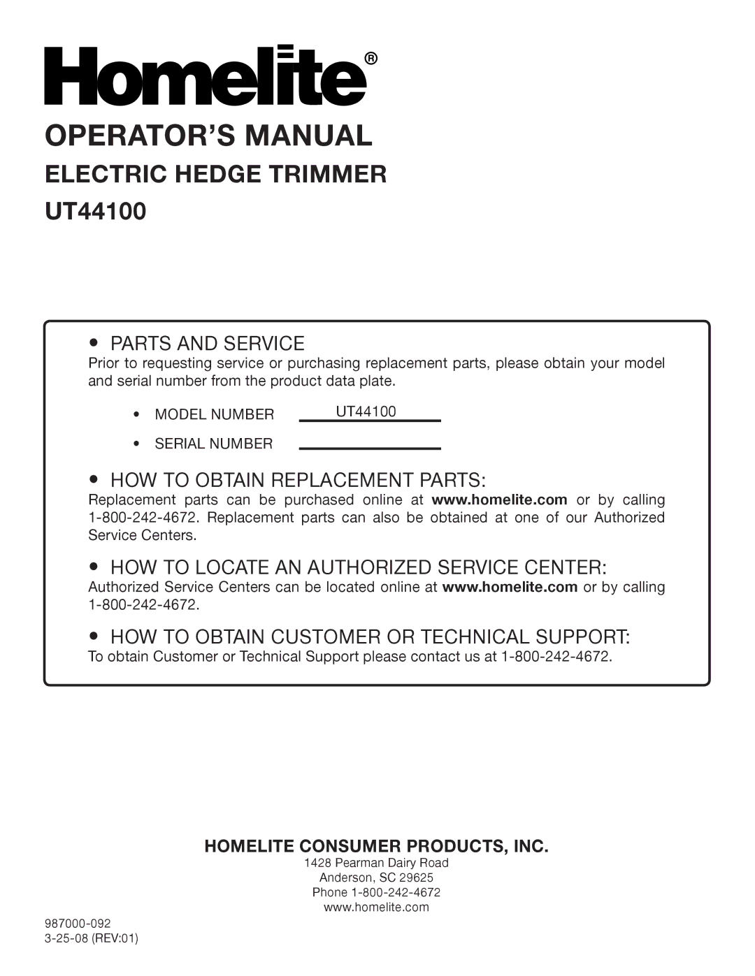 Homelite UT 44100 manual Parts and Service 