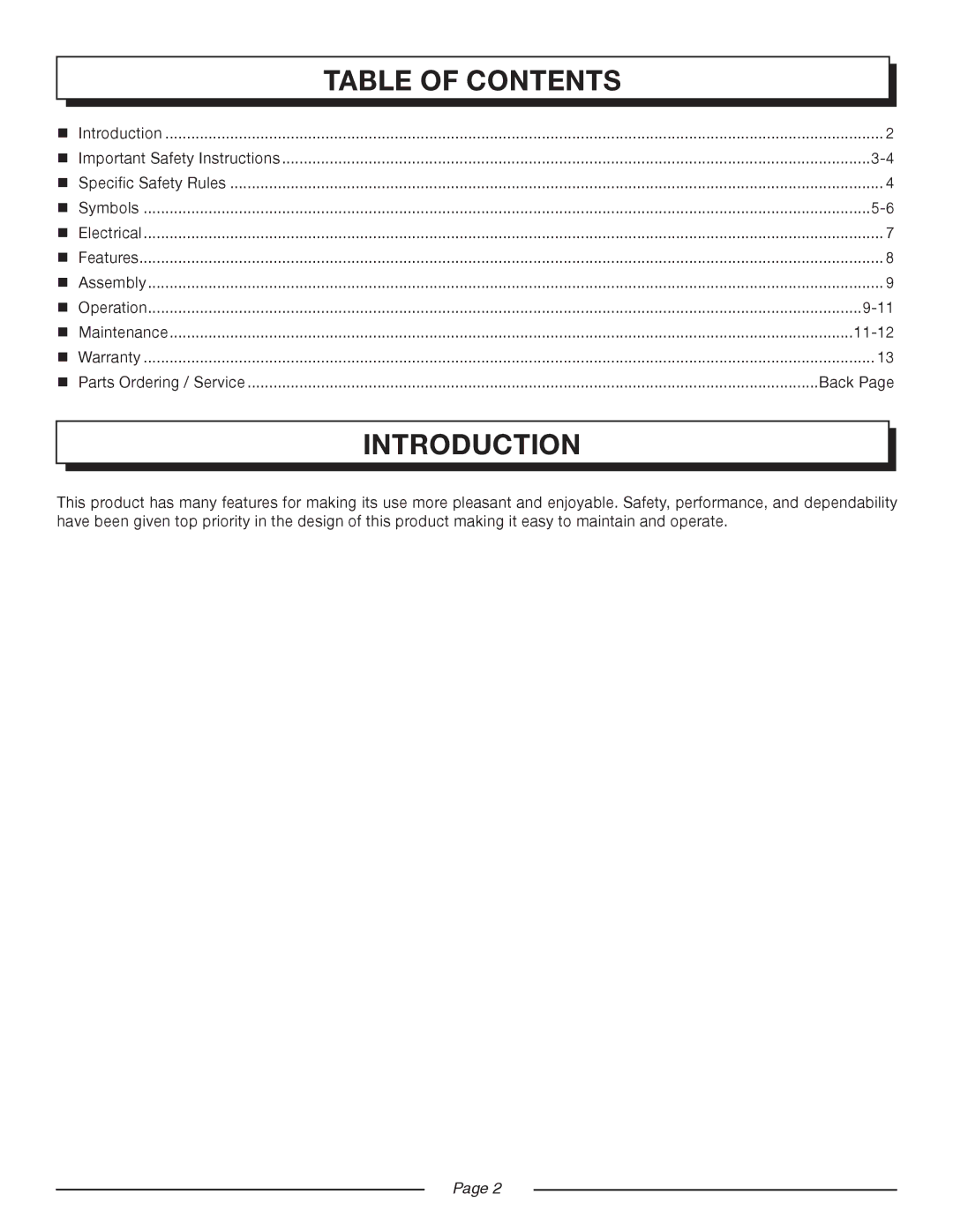 Homelite UT 44100 manual Introduction, Table of Contents 