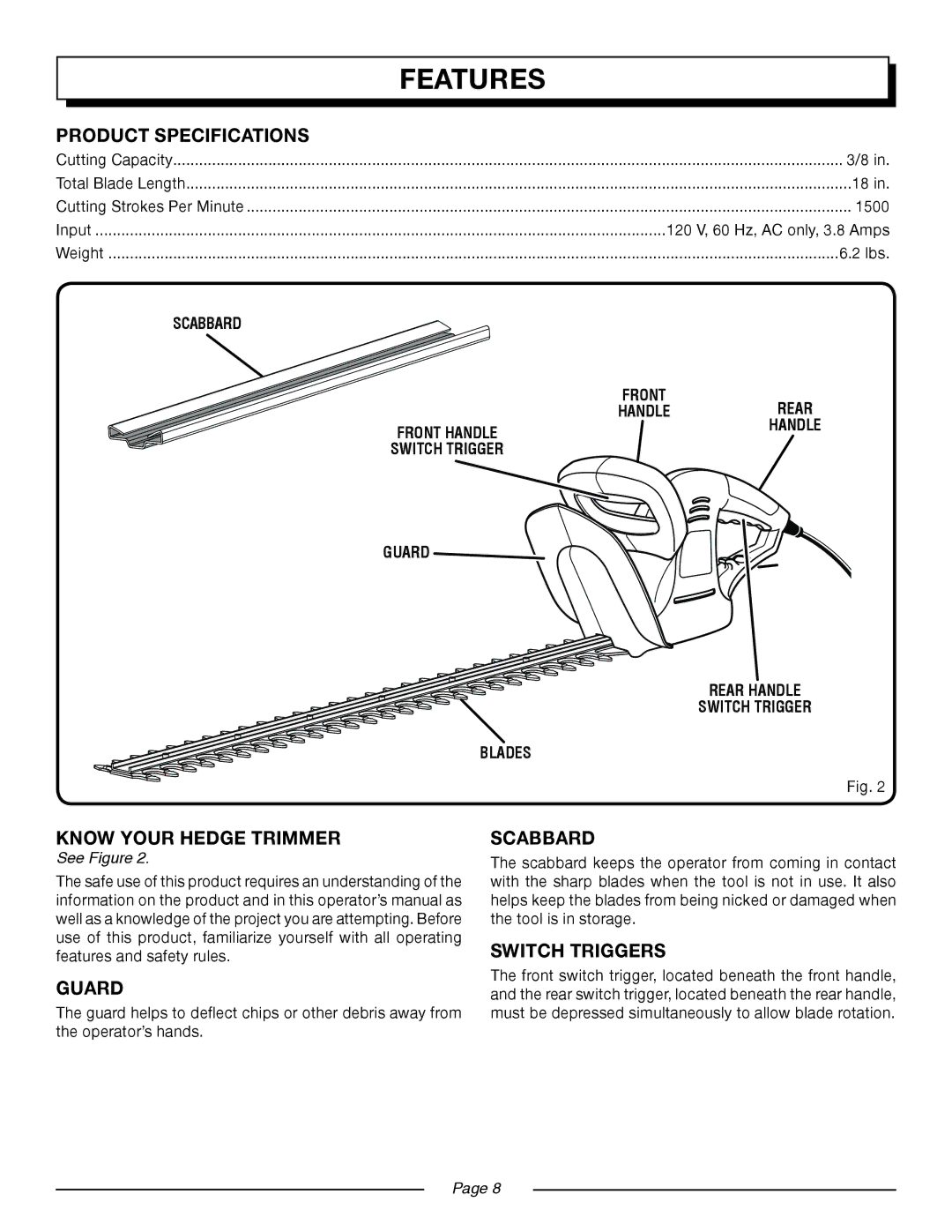 Homelite UT 44100 manual Features, Product Specifications, Guard 