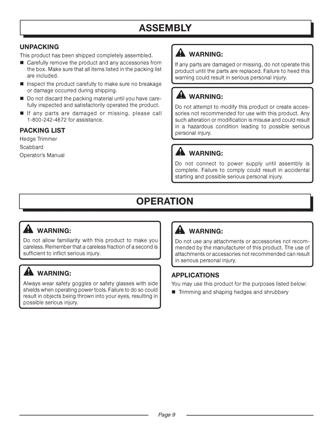 Homelite UT 44100 manual Assembly, Operation, Unpacking, Packing List, Applications 