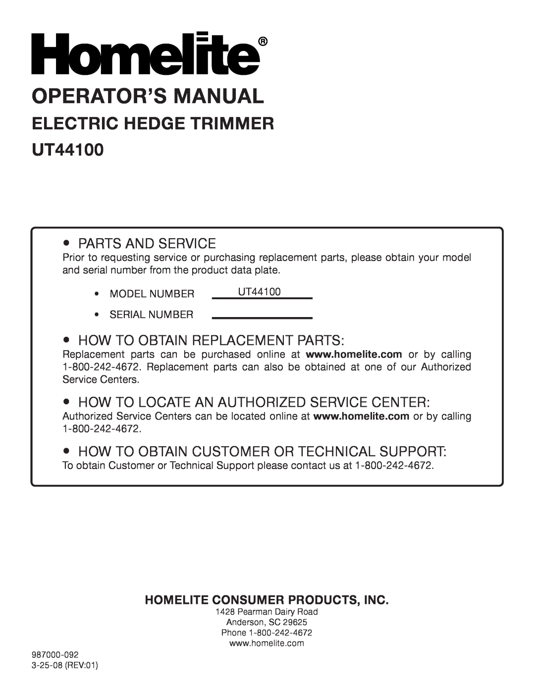 Homelite UT 44100 Operator’S Manual, Electric Hedge Trimmer UT44100, Parts and Service, How to obtain Replacement Parts 