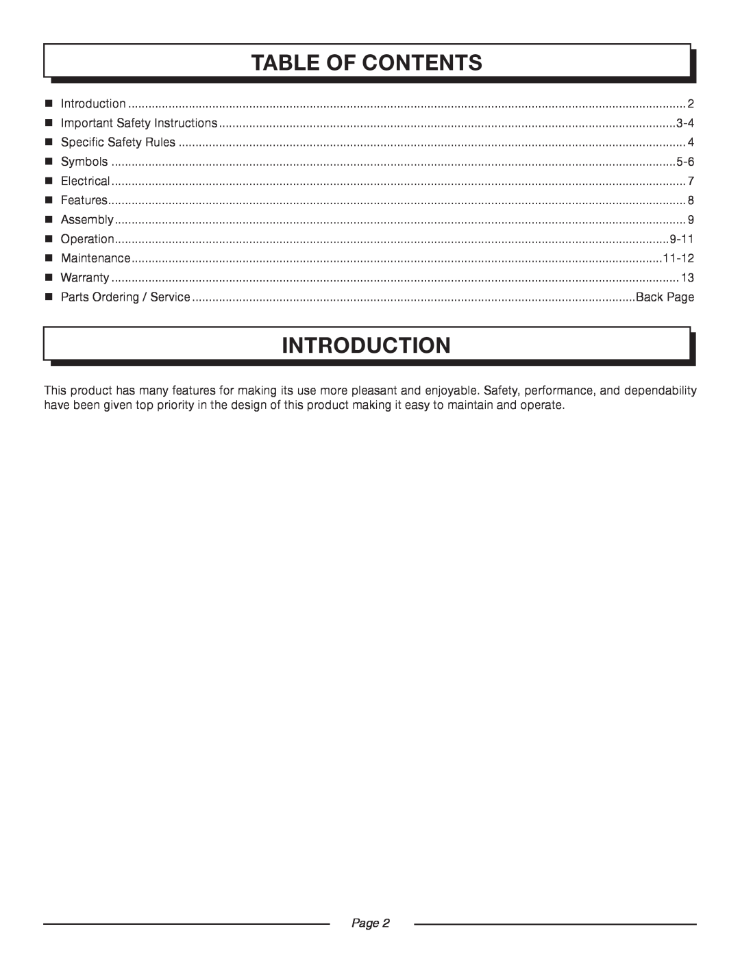 Homelite UT 44100 manual Introduction, Table Of Contents, 9-11, 11-12, Back Page, Page  