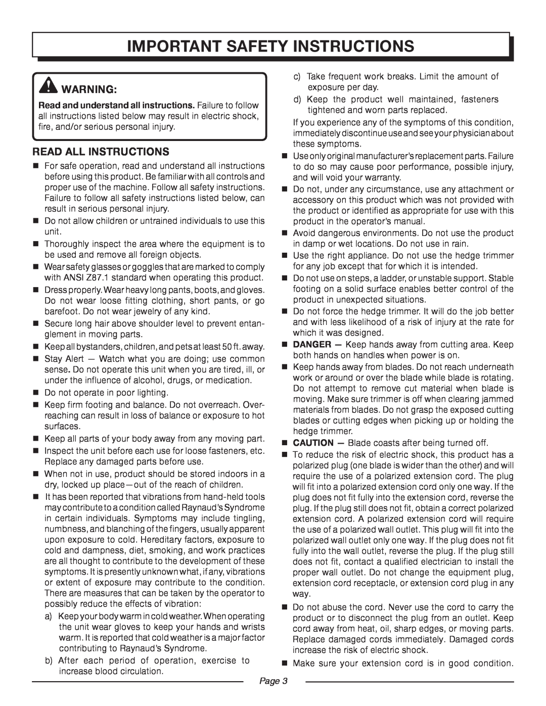 Homelite UT 44100 manual important safety instructions, read all instructions, Page  