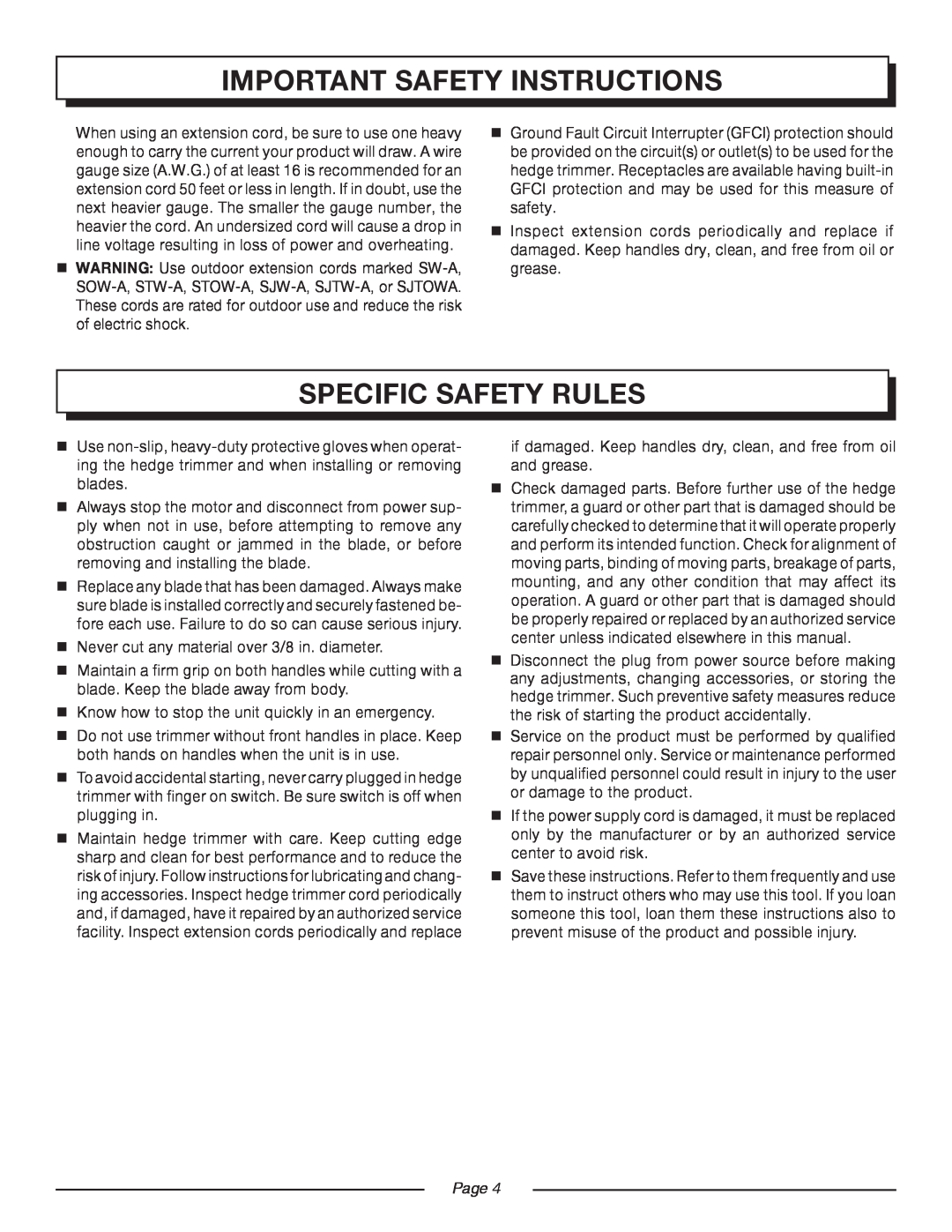 Homelite UT 44100 Specific Safety Rules, important safety instructions,  Never cut any material over 3/8 in. diameter 