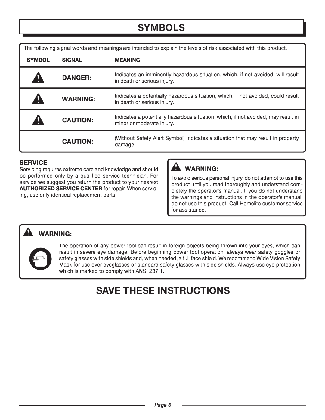 Homelite UT 44100 manual Save These Instructions, Danger, Service, Symbols, Signal, Meaning, Page  