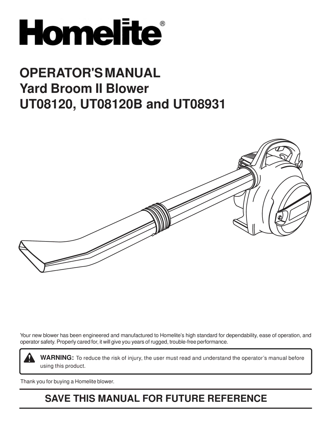 Homelite UT08120B, UT08931 manual Operators Manual 